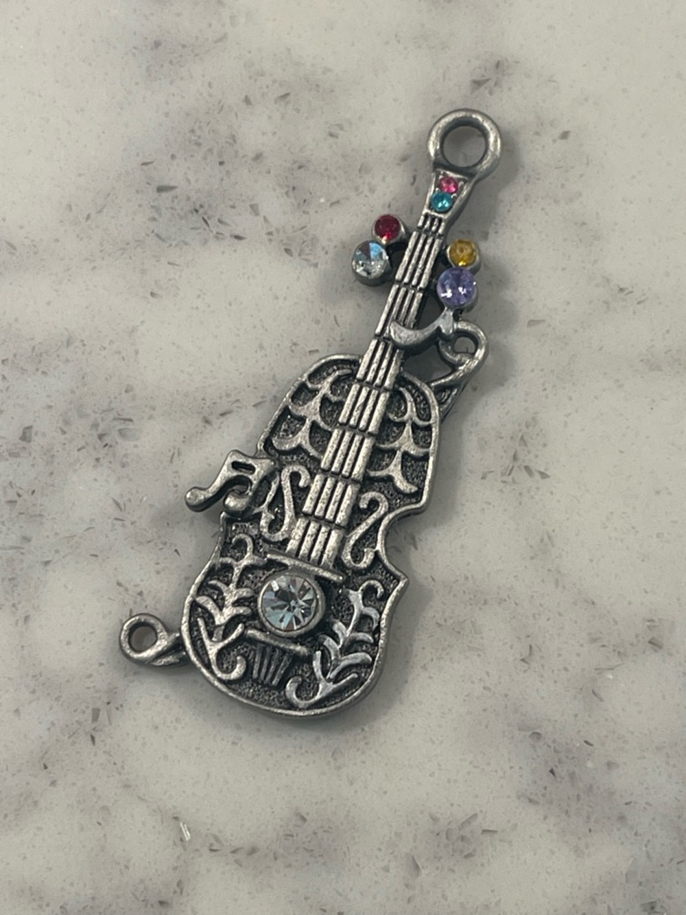 Silver Violin Pendant Necklace Charm with Multicolor Crystals